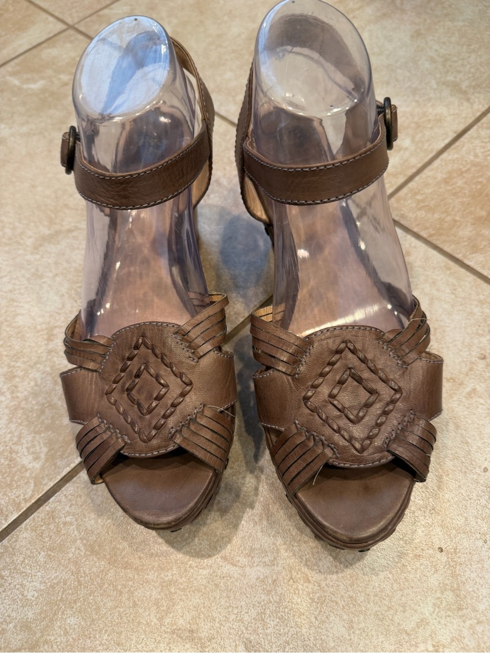 Frye Brown Leather Woven Front Ankle-Strap Sandals wedge Sz 10
